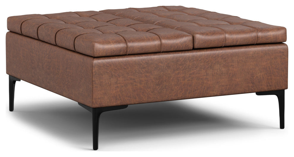 Laura Mid Century Lift Top Storage Ottoman, Distressed Saddle Brown