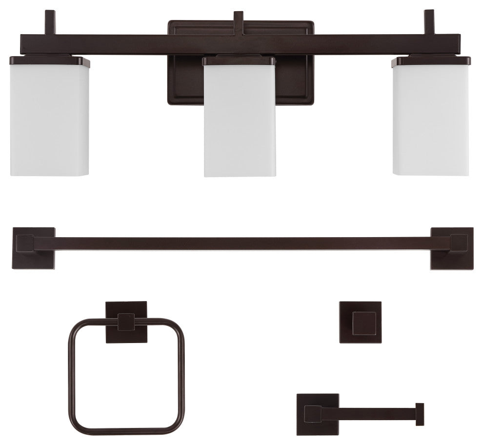 3-Light Modern Vanity, Frosted Glass Shades, Bathroom Accessory Set, 5-Piece