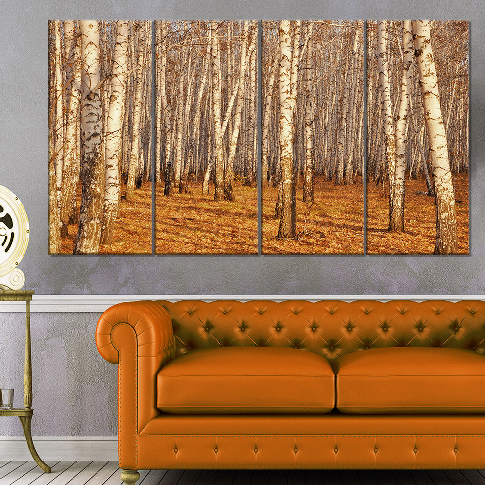 Dense Birch Forest in the Fall, Forest Canvas Art Print, 48"x28", 4 Panels