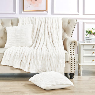 Faux Fur Shar Pei 3 Piece Throw and Pillow Shell Set, Cloud Dancer, 60"x80"