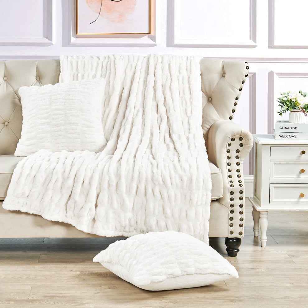 Faux Fur Shar Pei 3 Piece Throw and Pillow Shell Set, Cloud Dancer, 60"x80"