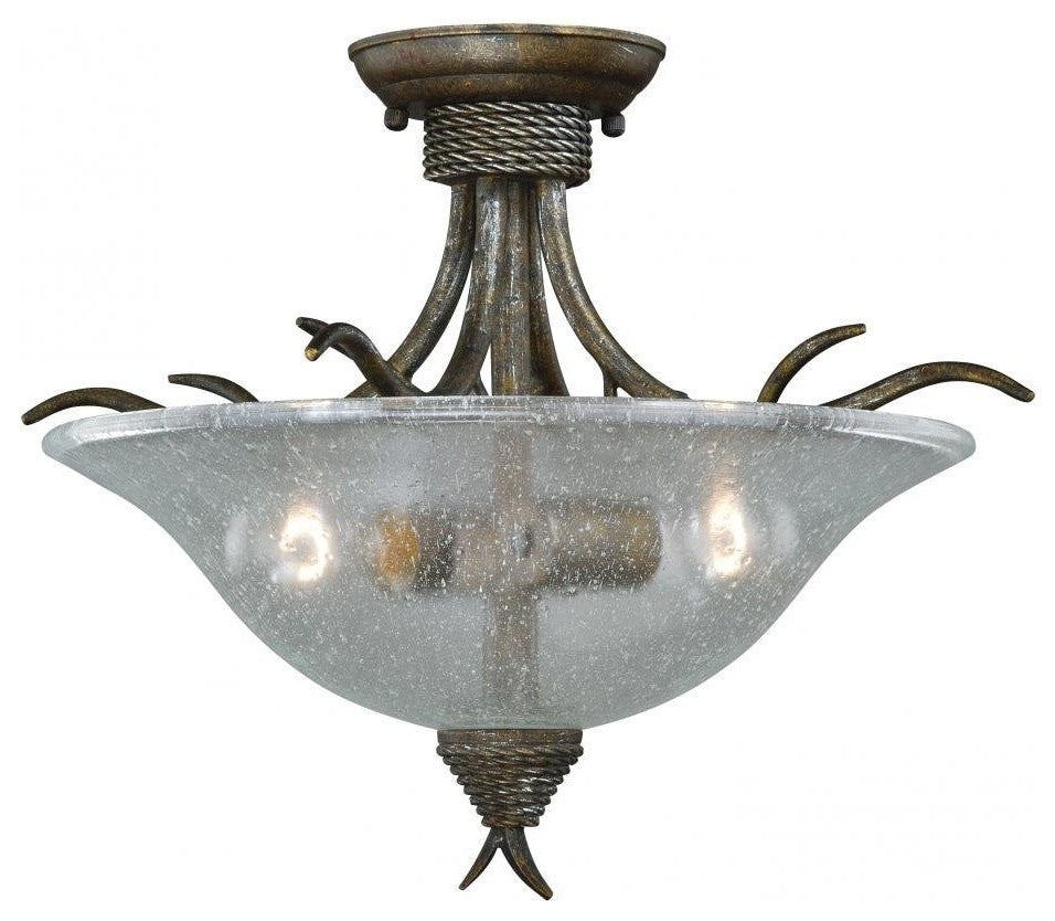 Autumn Patina and Clear Seeded Glass Semi Flush Ceiling Light