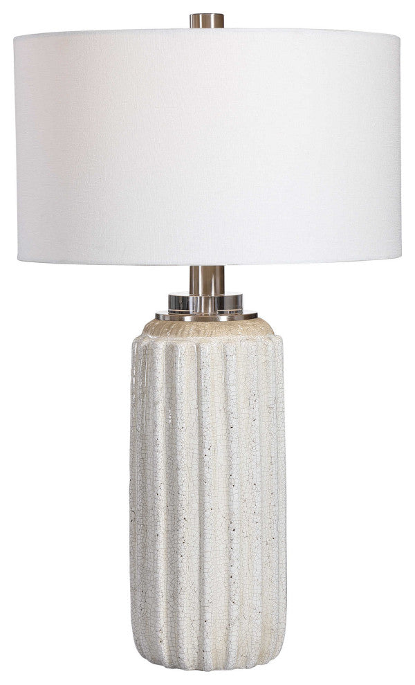 Deep Ribbed Crackled Ceramic Table Lamp Cream Beige Vertical Lines Elegant
