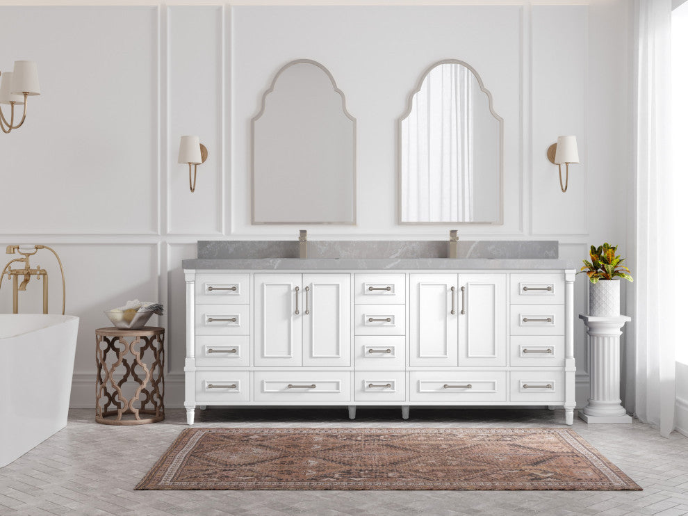 Aberdeen 84 Double Sink Bath Vanity in White 2" Pearl Gray