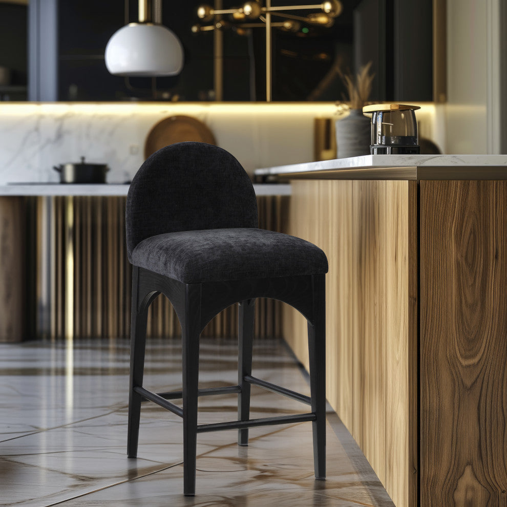 Waldorf Chenille Upholstered Stool, Black, Chenille, Natural Finish, Black, Chenille Fabric, Black Finish
