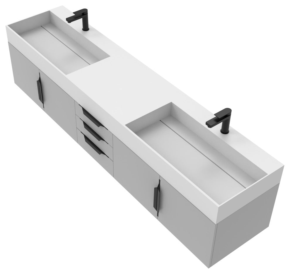 CastelloUSA Amazon 84" Wall Mounted Bathroom Vanity Set, Gray, White Top, Black Handles