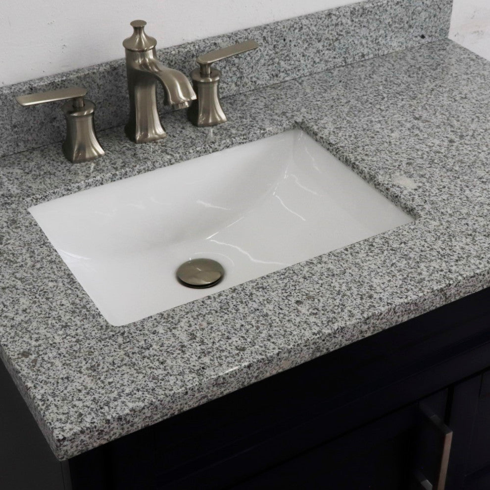 37" Single Sink Vanity, Blue Finish With Gray Granite And Left Door/Left Sink