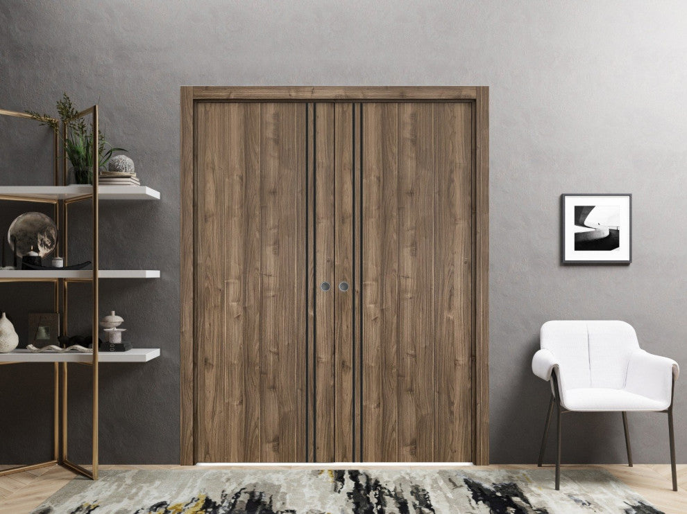 French Double Pocket Doors 36 x 96 | Planum 0016 Walnut with  | Kit Trims Rail