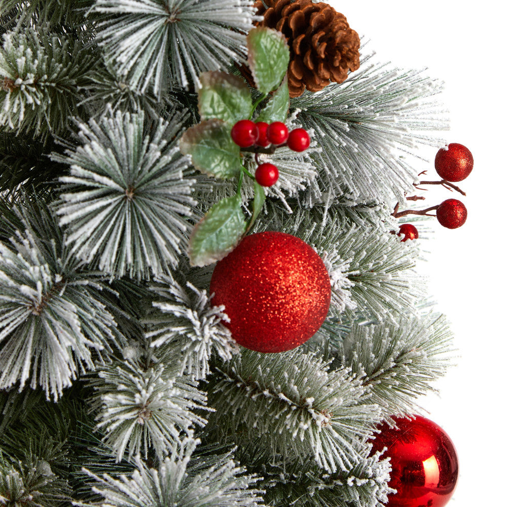 4' Winter Flocked Christmas Tree Pre-Lit With 50 LED Lights, Ornaments, Planter