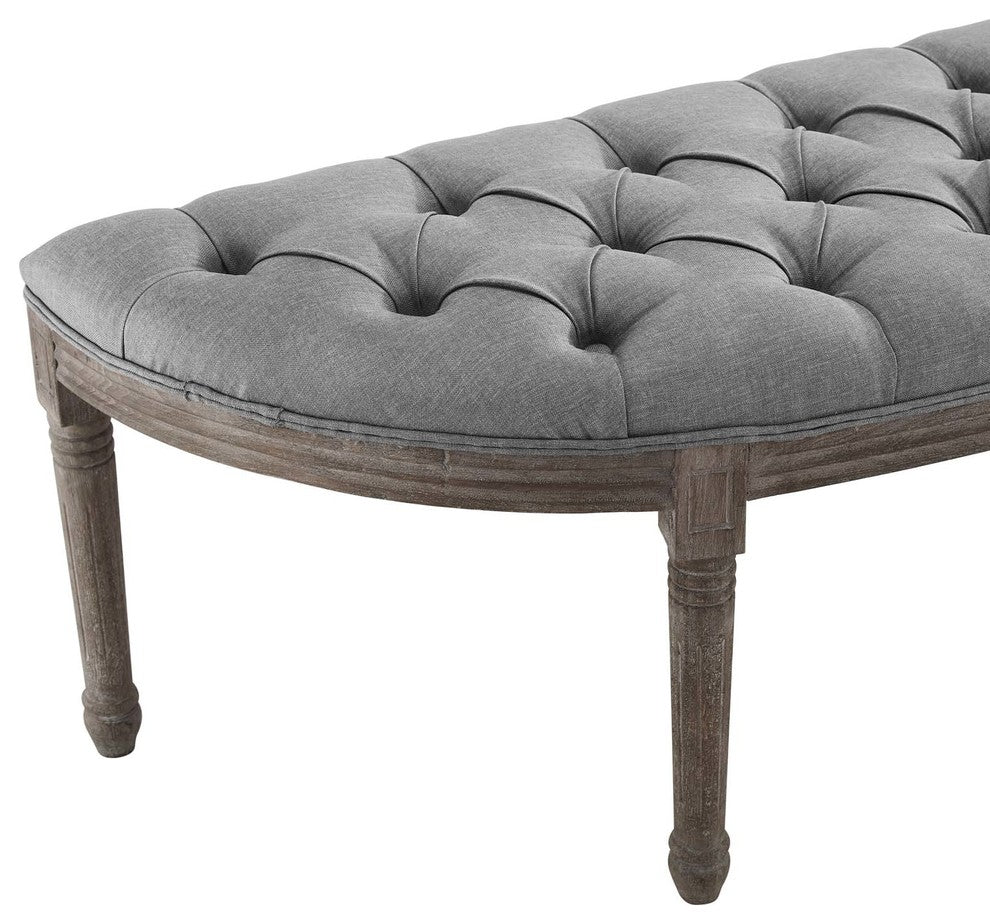 Esteem Vintage French Upholstered Fabric Semi-Circle Bench, Light Gray