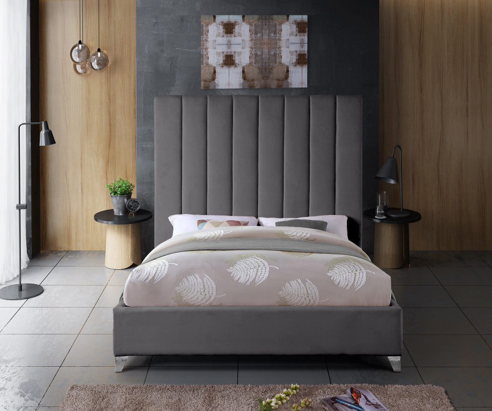 Via Velvet Upholstered Bed, Gray, Queen