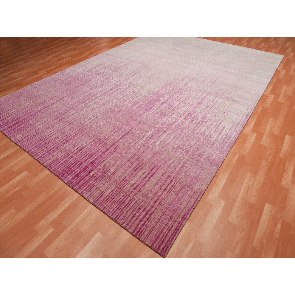 Pink Natural Wool Hand Knotted Vertical Ombre Design Oriental Rug, 10'0"x14'3"