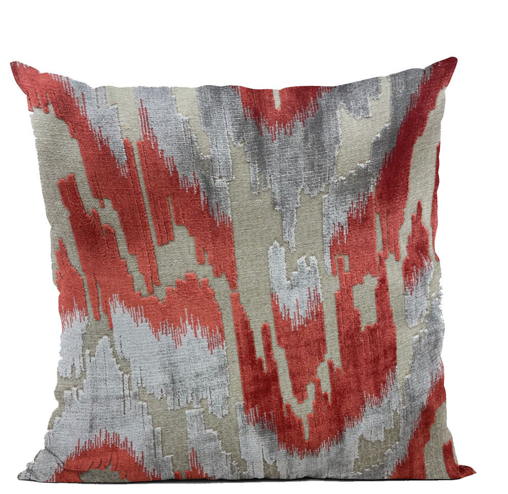 Plutus Velvet Glamour Red, Gray Handmade Luxury Pillow, 22"x22"