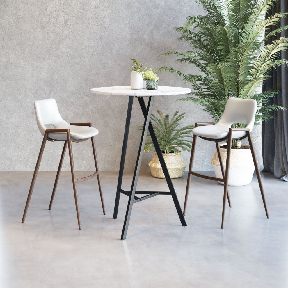 Bar Stool Chair Barstool, Set of 2, Faux Vinyl Leather, Steel, White, Walnut