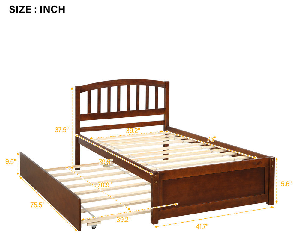 TATEUS Twin Platform Bed With Trundle, Wood Bed Frame With Headboard, Walnut