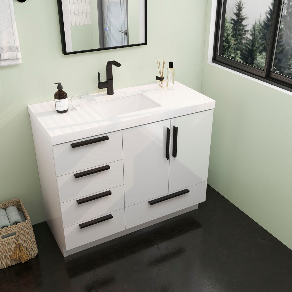 Carla 42" Freestanding Bathroom Vanity With Left Side Drawers, Gloss White
