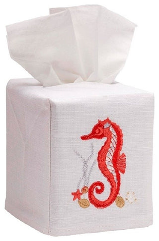 Linen Tissue Box Cover, Coral Seahorse