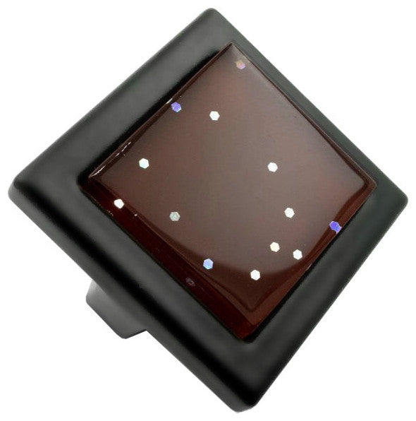 Brown Iridescent Dots Crystal Glass Black Metal Square Manor Knob