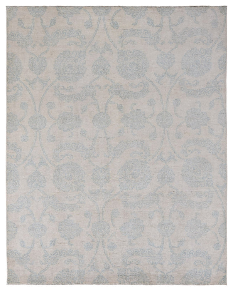 White Peshawar With Oushak Damask Design Pure Wool Hand Knotted Rug 8'x10'1"