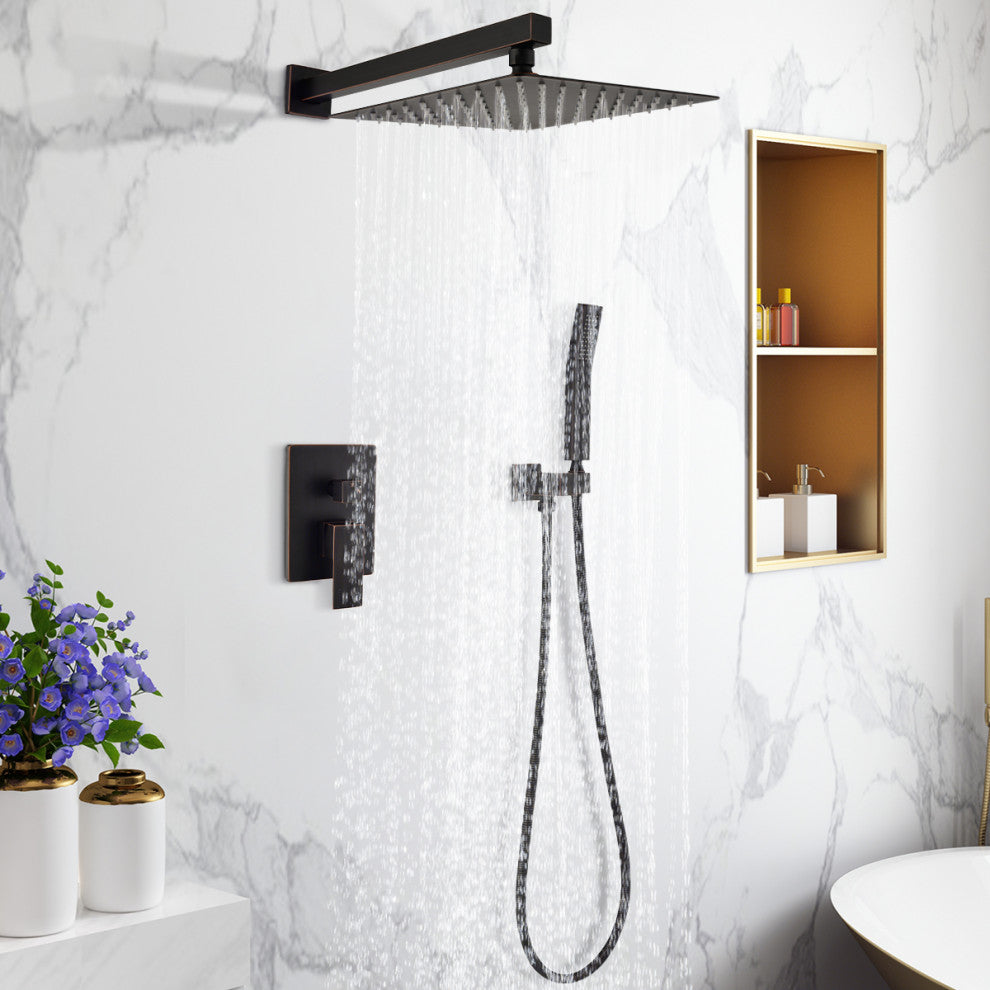 Wellfor Shower Faucet with Rain Shower Head, Handheld Shower and Valve, Oil Rubbed Bronze, 10" Shower Head