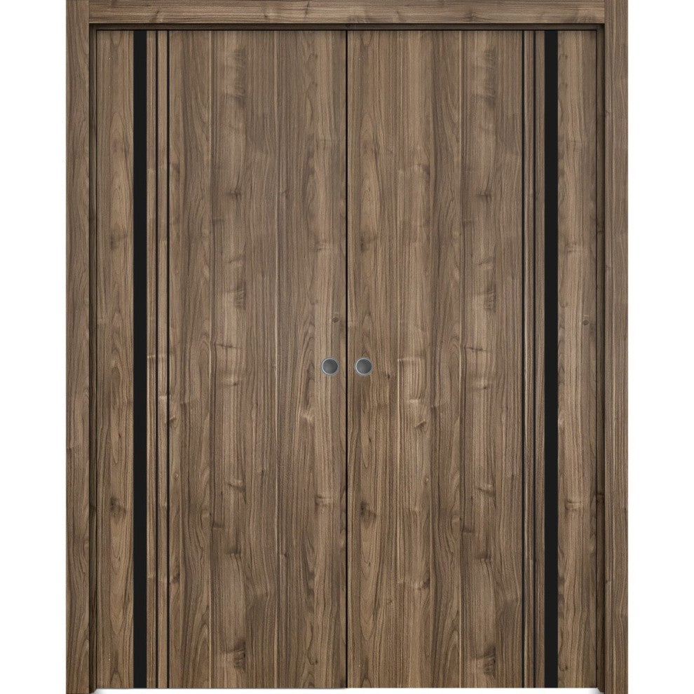French Double Pocket Doors 48 x 84 | Planum 0011 Walnut with  | Kit Trims Rail