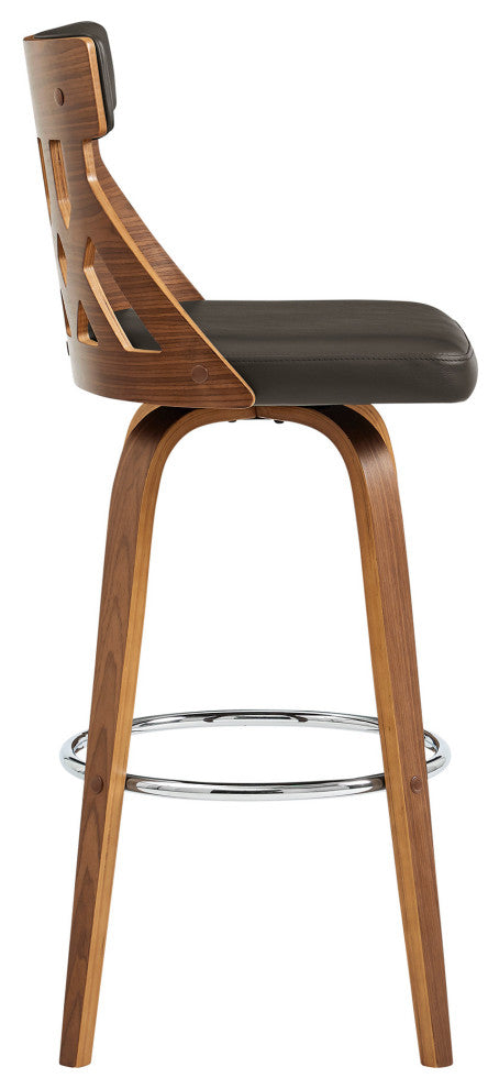 26" Cream Faux Leather Curved Back Walnut Wood Swivel Bar Stool