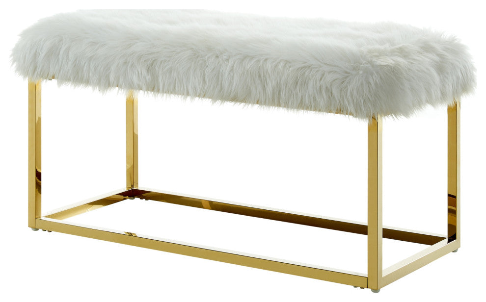 Astraea Faux Fur Metal Frame Ottoman Bench, White/Gold