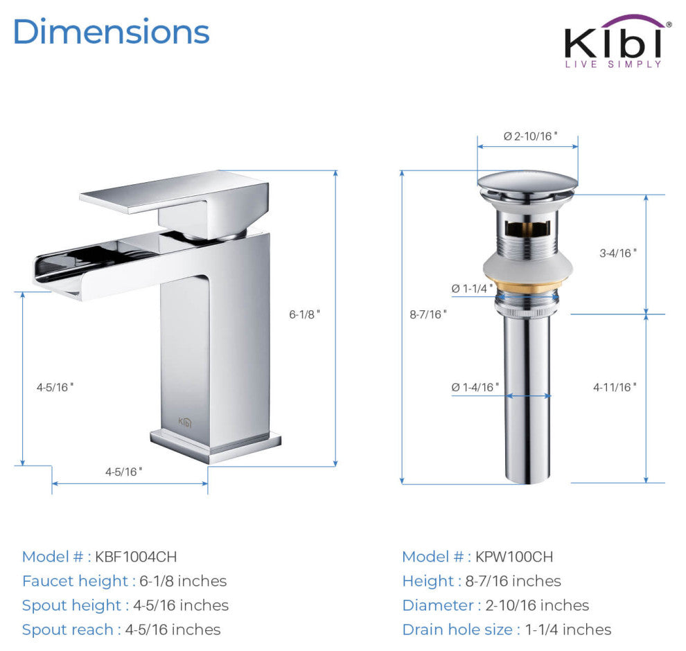 Waterfall Single Handle Bathroom Faucet KBF1004, Chrome, W/ Drain