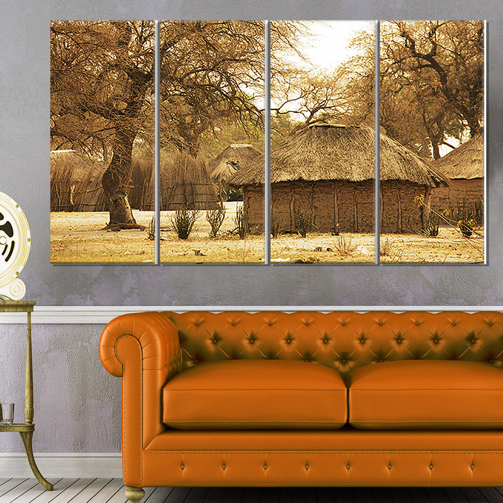 Beautiful Rural African Huts, Oversized Landscape Canvas Art, 48"x28", 4 Panels