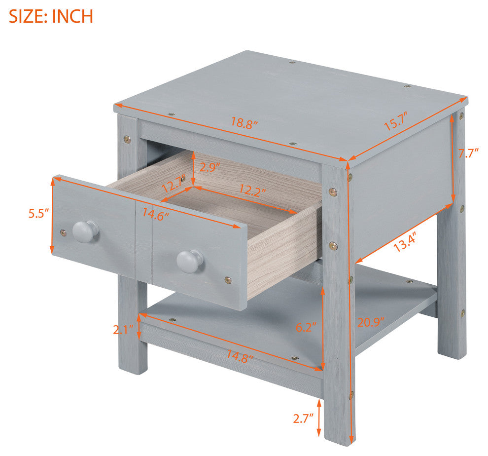 1-Drawer Wood Nightstand with Open Shelf (Set of 2) , Grey, 19'' X 16''