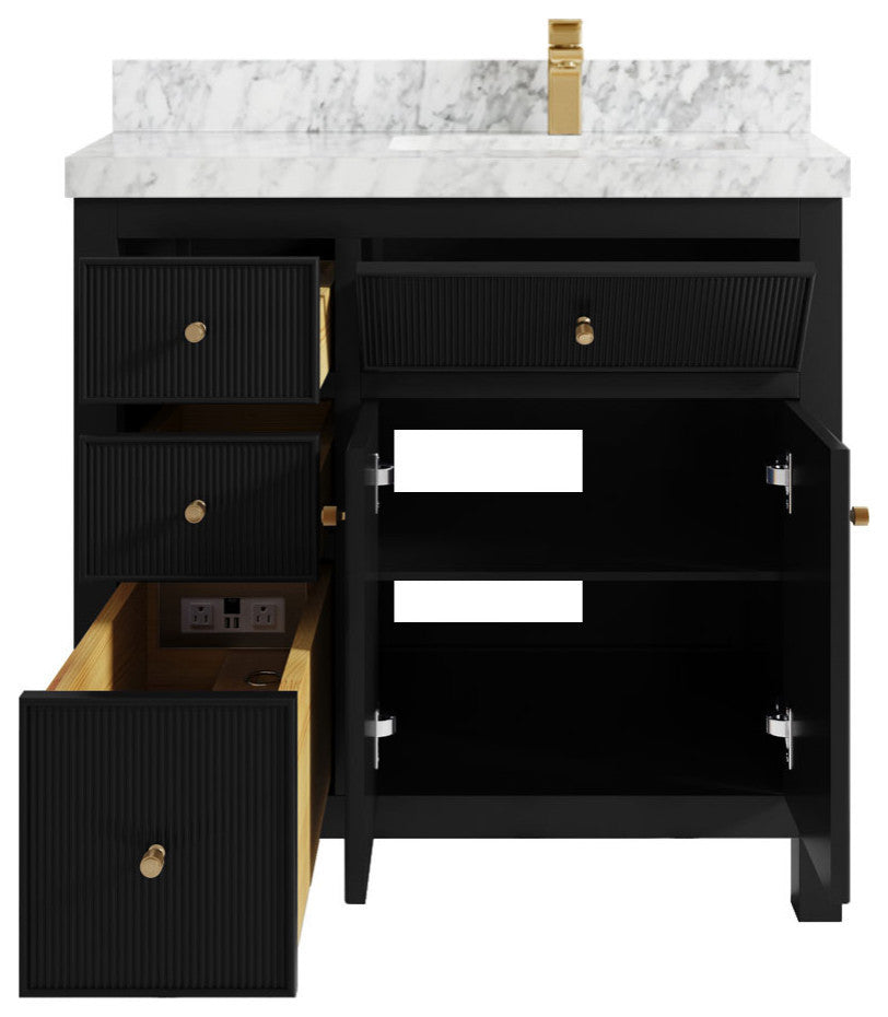 Sonoma 36 Right Offset Reeded  Bath Vanity in Black 2" Carrara Marble