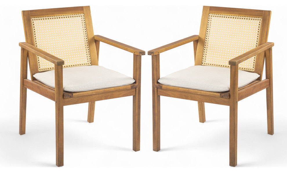 GDF Studio Outdoor Acacia Wood Dining Chairs With Cushions, Set of 2, Teak/Beige