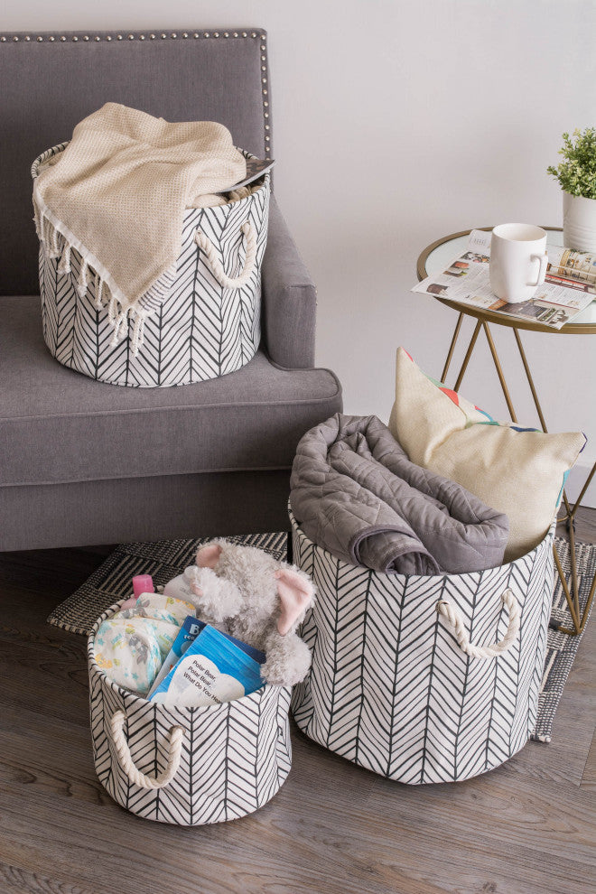 Polyester Bin Herringbone Off White Rectangle Medium 16"x10"x12"