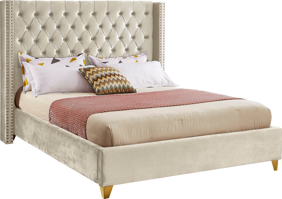 Barolo Velvet Upholstered Bed, Cream, Queen