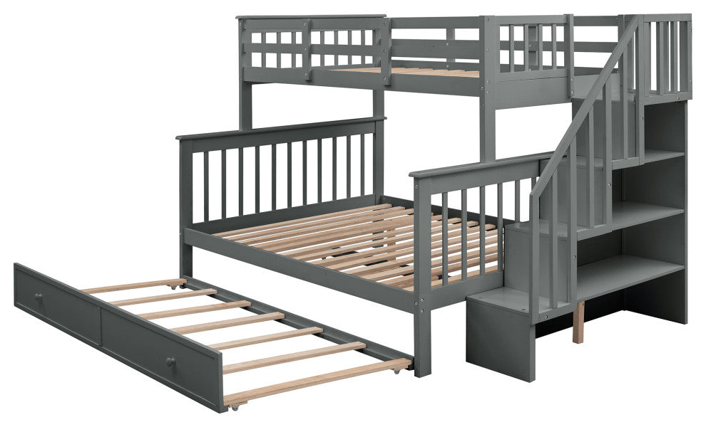 Gewnee Wood Twin-Over-Full Bunk Bed with Trundle and Stairway, Gray