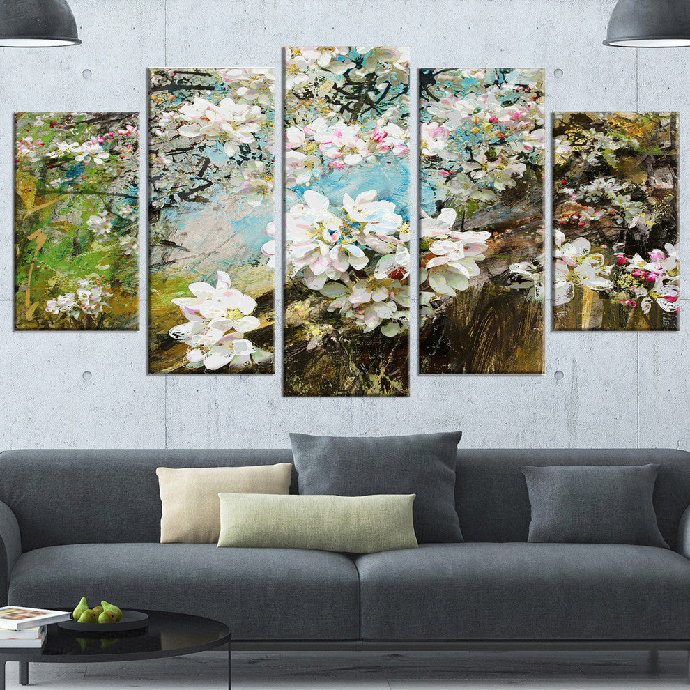 Apple Blossoms With White Flowers, White, Floral Art Wall Art, 60"x32", 5 Panels