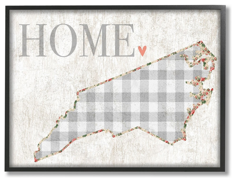 North Carolina Gray Gingham & Floral Heart & Home Framed Giclee Art, 11"x14"