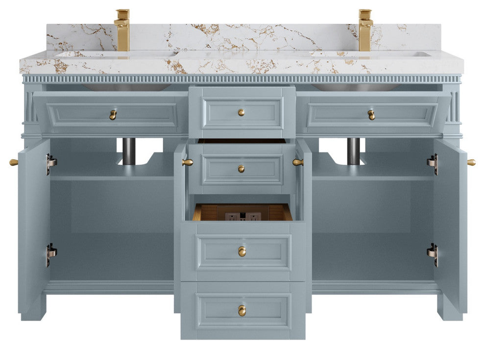 Paris 60" Double Sink Bathroom Vanity, Blue Heather 2" Viola Gold