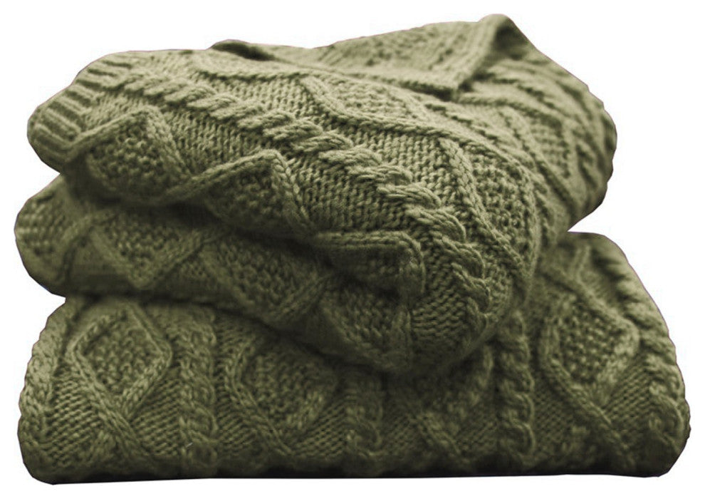 Cable Knit Soft Wool Throw Blanket, 50"x60", Sage