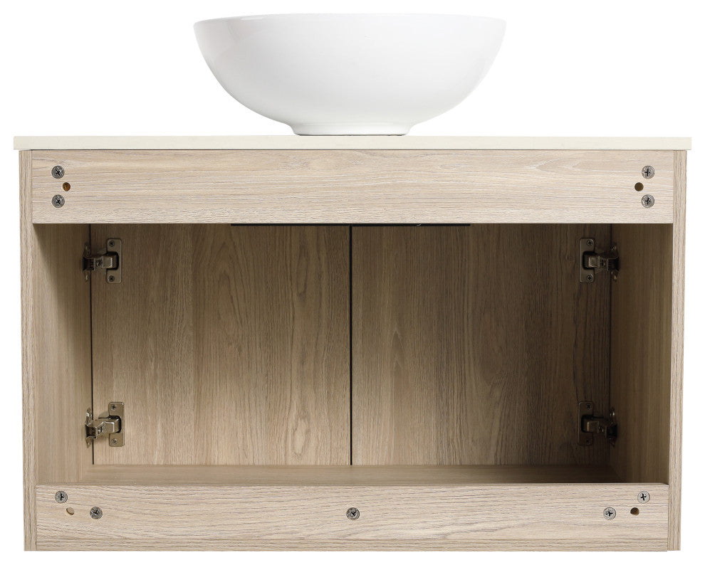 Wall-Mounted Bath Vanity, White Oak, White Ceramic Vessel Sink