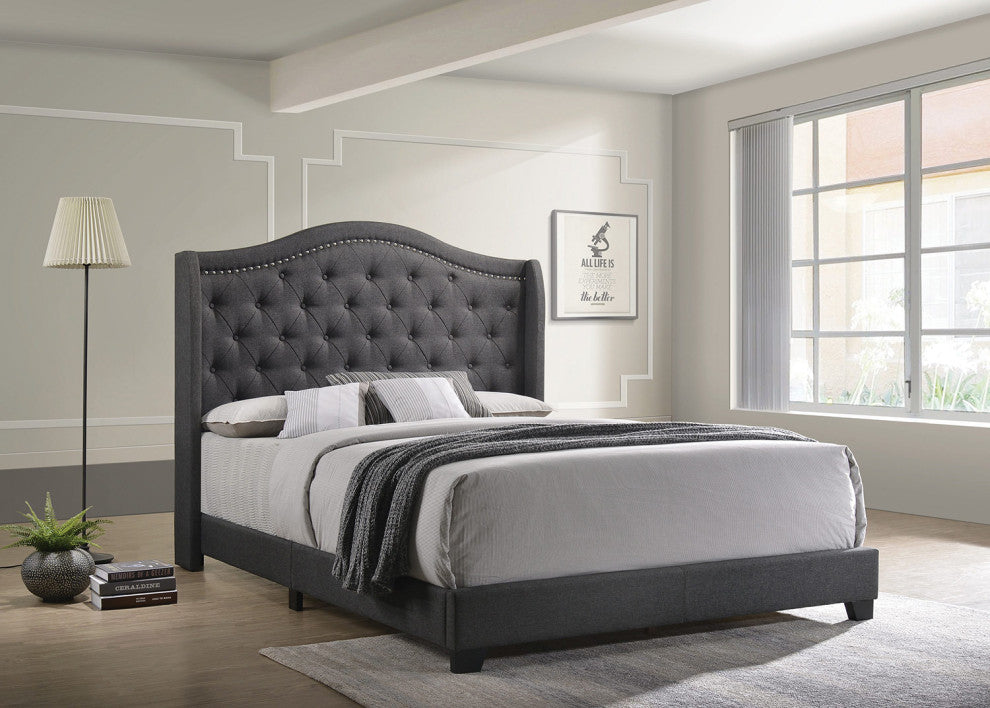Camel Back Full Bed with Nailhead Trim, Gray