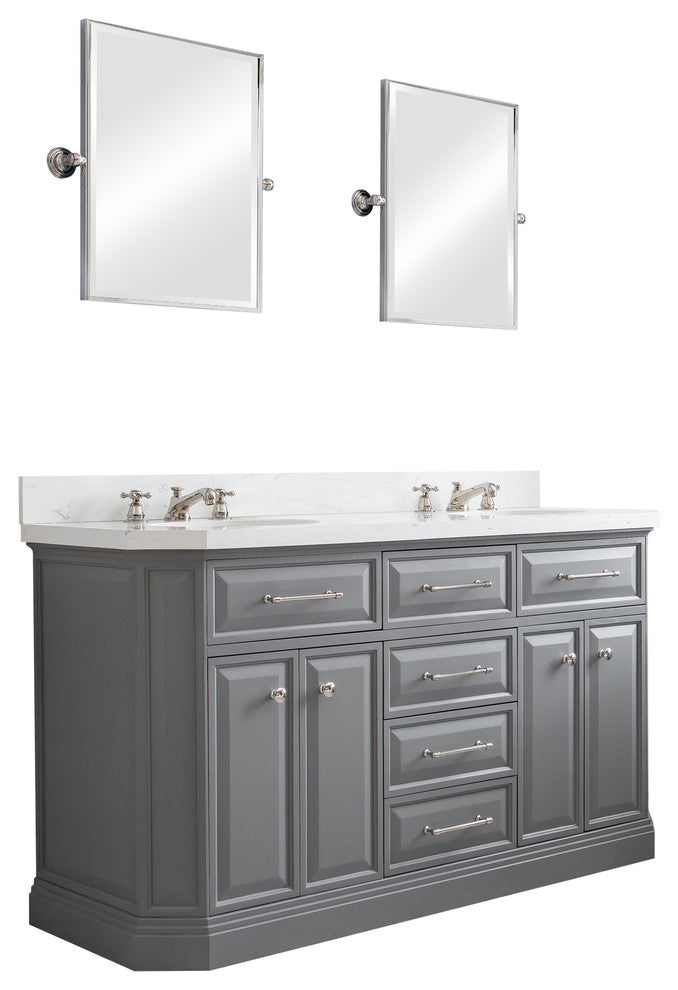 60" Palace Quartz Carrara Cashmere Gray Vanity With Hardware, Mirror in Polish