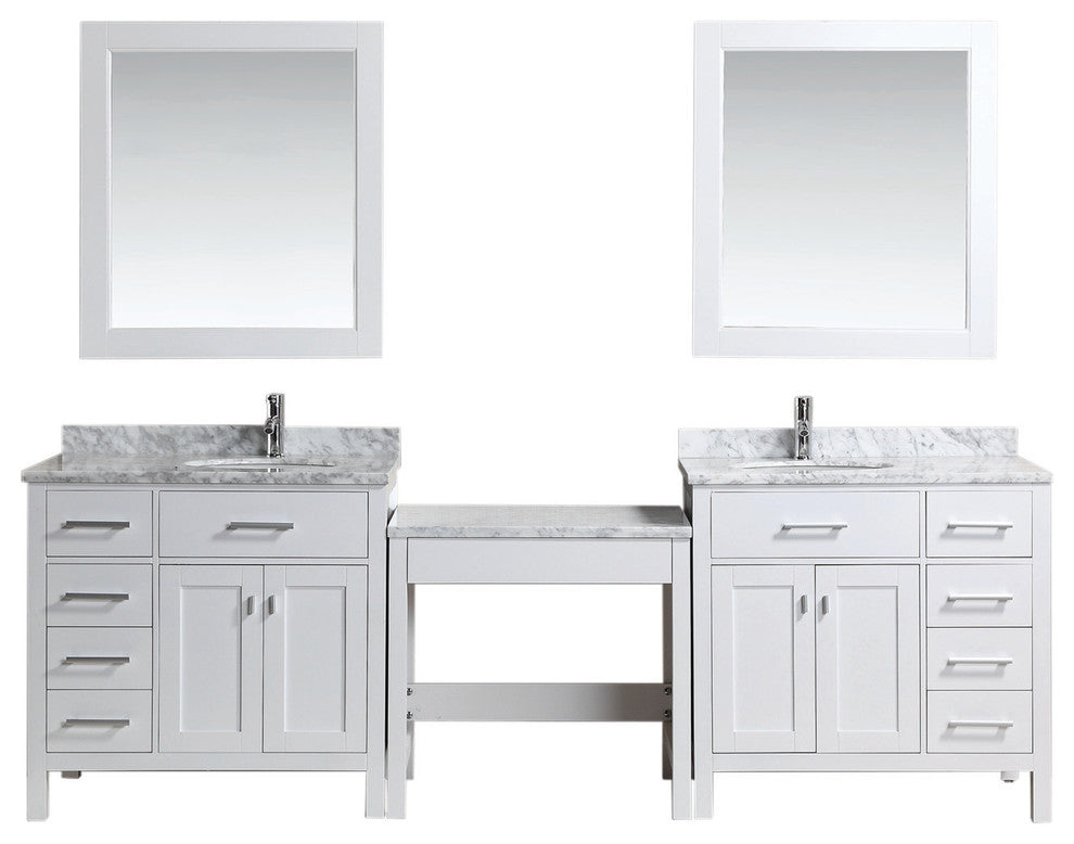 Two London 36" Single Sink Vanity Set With One Make-Up Table, White