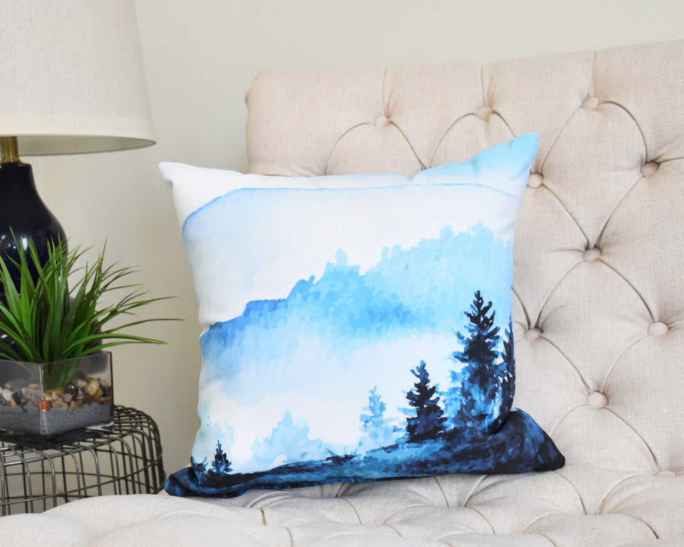 Winter Scene 20" Blue Holiday Print Decorative Throw Pillow