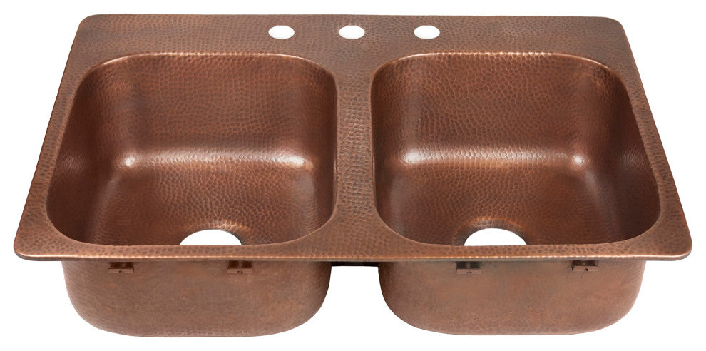 Angelico Copper 33" Double Bowl Drop-In Kitchen Sink With 3 Hole