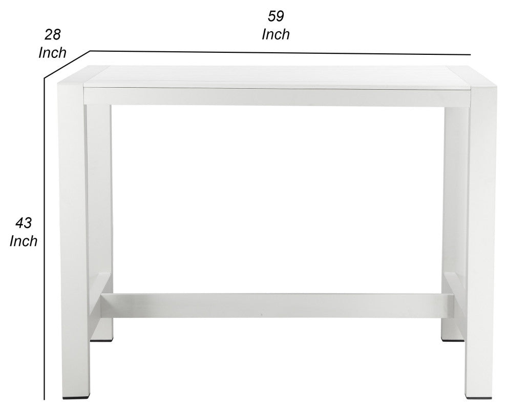 Benzara BM287806 Outdoor Bar Height Table, White Aluminum Frame, Plank Surface