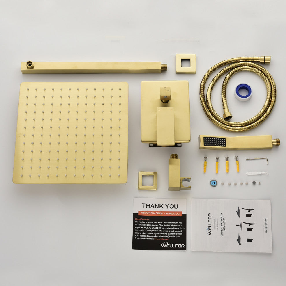 Wellfor Shower Faucet with Rain Shower Head, Handheld Shower and Valve, Brushed Gold, 12" Shower Head