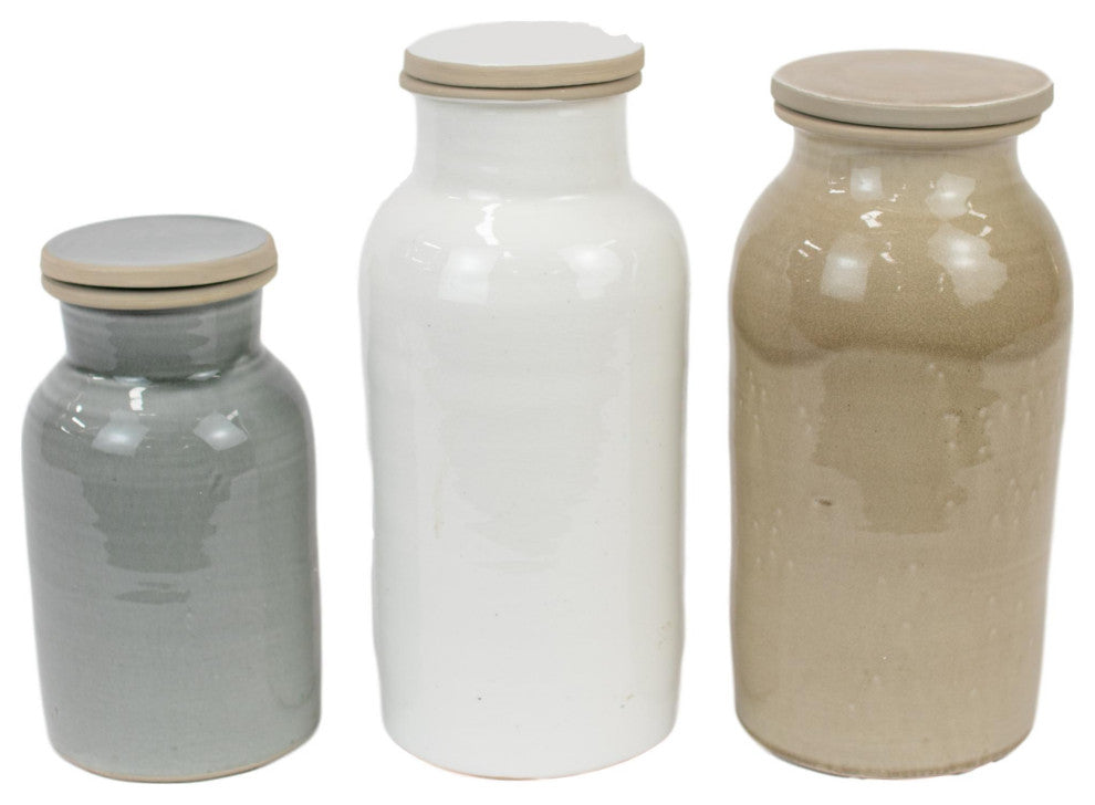 Large Round Pastel Glaze Ceramic Canister, Airtight Lid, 3-Piece Set