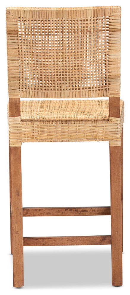 Lesia Bohemian Natural Brown Rattan and Walnut Brown Finished Wood Counter Stool