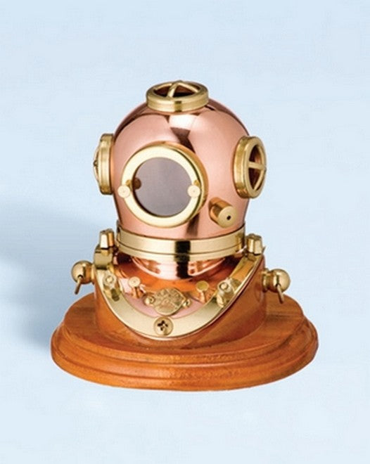 3" Polished Brass and Copper Mark V Dive Helmet With Wood Base